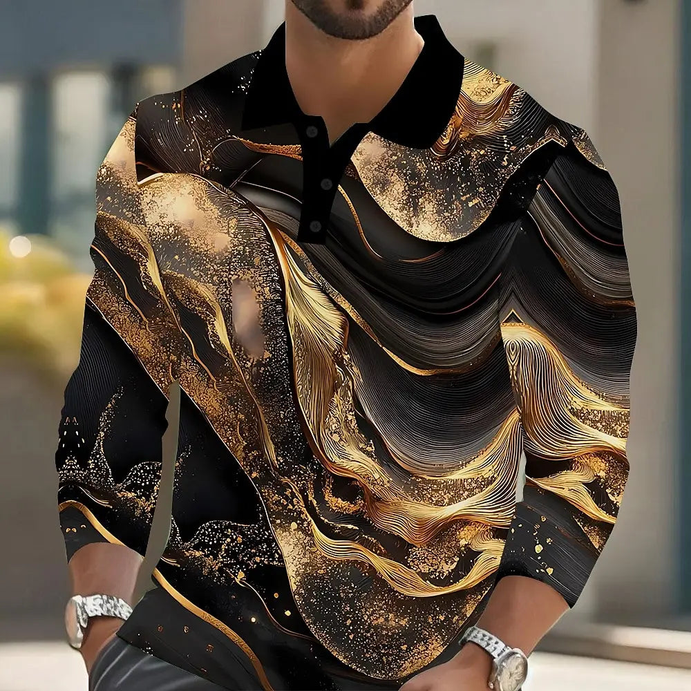 2025 Men's Abstract Marble Long Sleeve Polo Shirt Breathable Business Casual Top Slim Fit Quick Dry Multi Colors Fall Winter